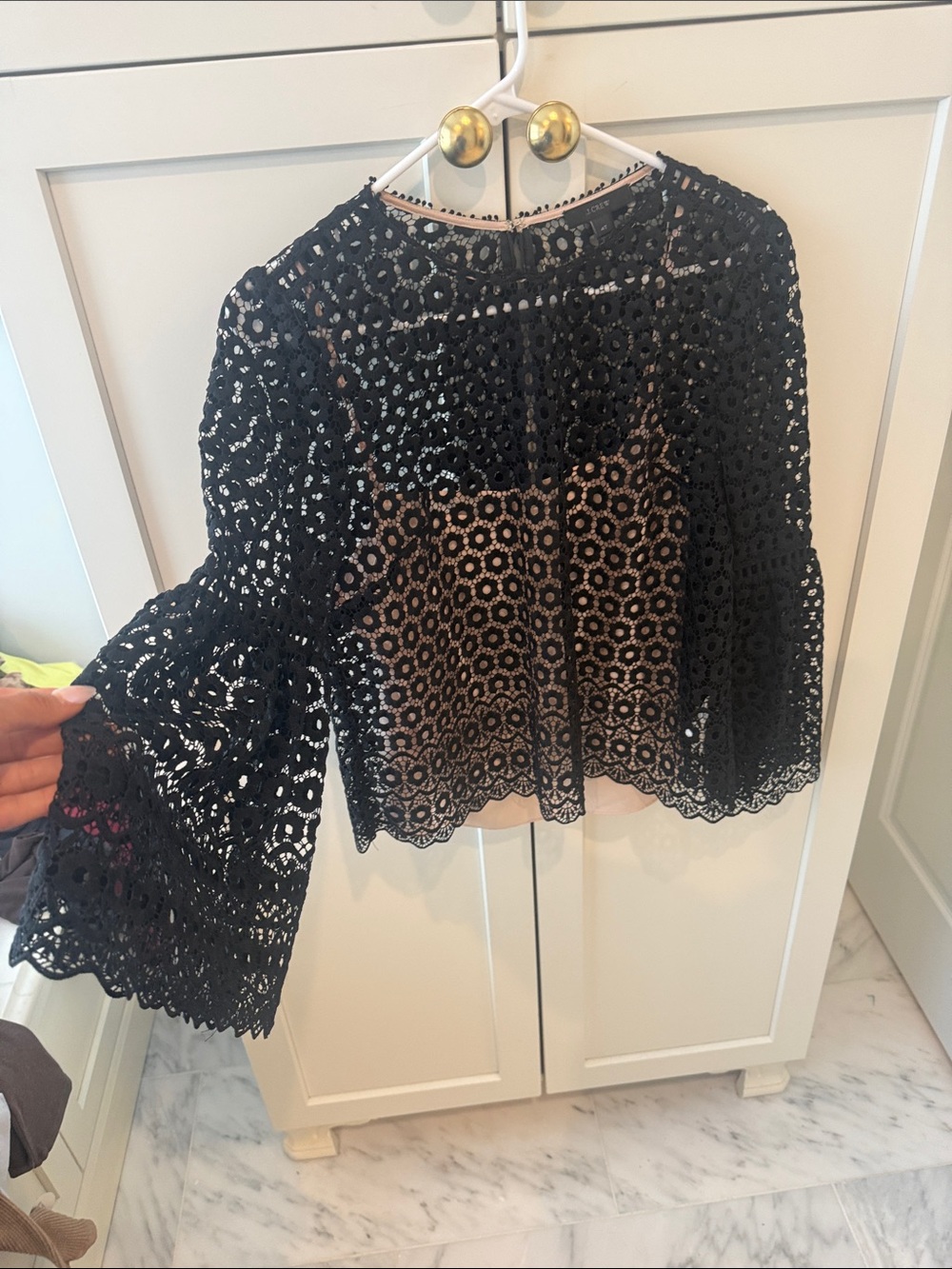 J. Crew Black Floral Crochet Lace Bell-Sleeve Top